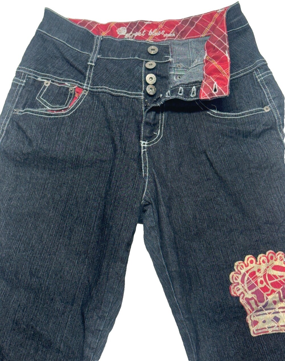 Y2K Jeans Black Street Blues Stretch 11/12 Dark Denim Red Plaid Crown Graphic
